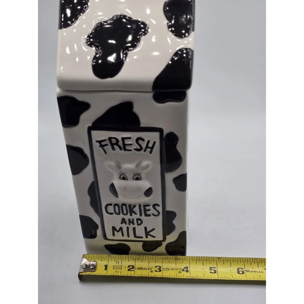 Houston Harvest Cow Print Milk Carton Ceramic Cookie Jar Fresh Cookies and Milk